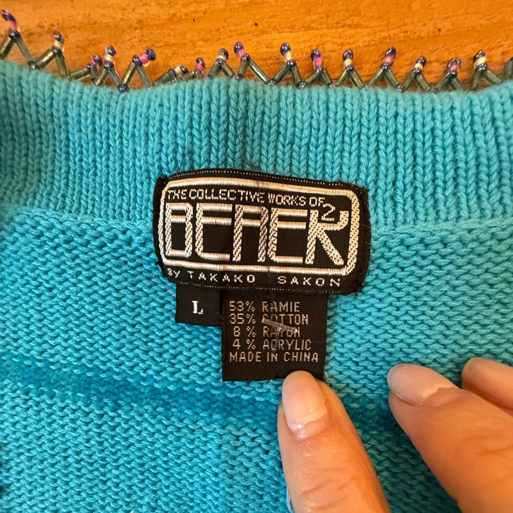 Berek Blue Art to Wear Hand Knitted Embellished Cardigan Sweater Rare Large VTG - Picture 12 of 16